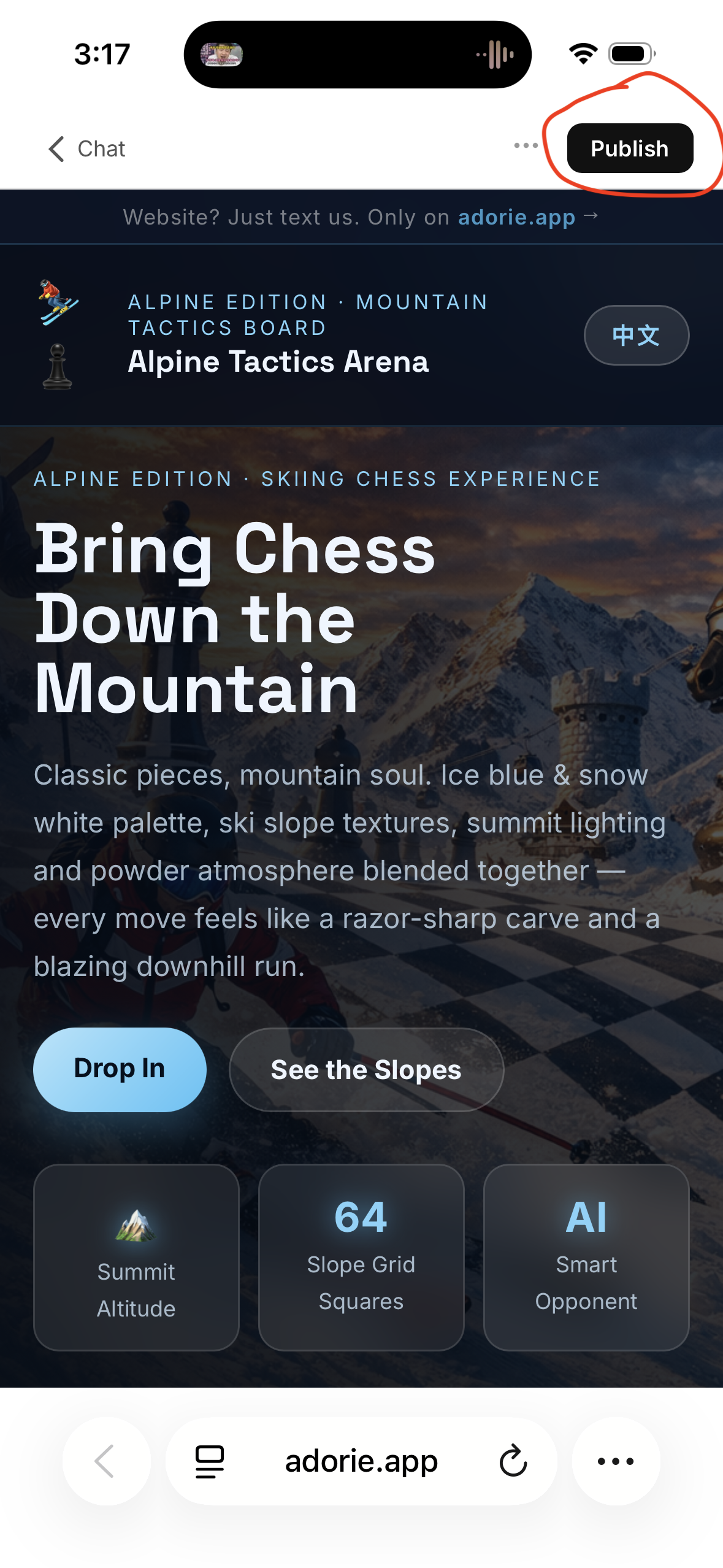 Live site with the Publish button highlighted in the toolbar