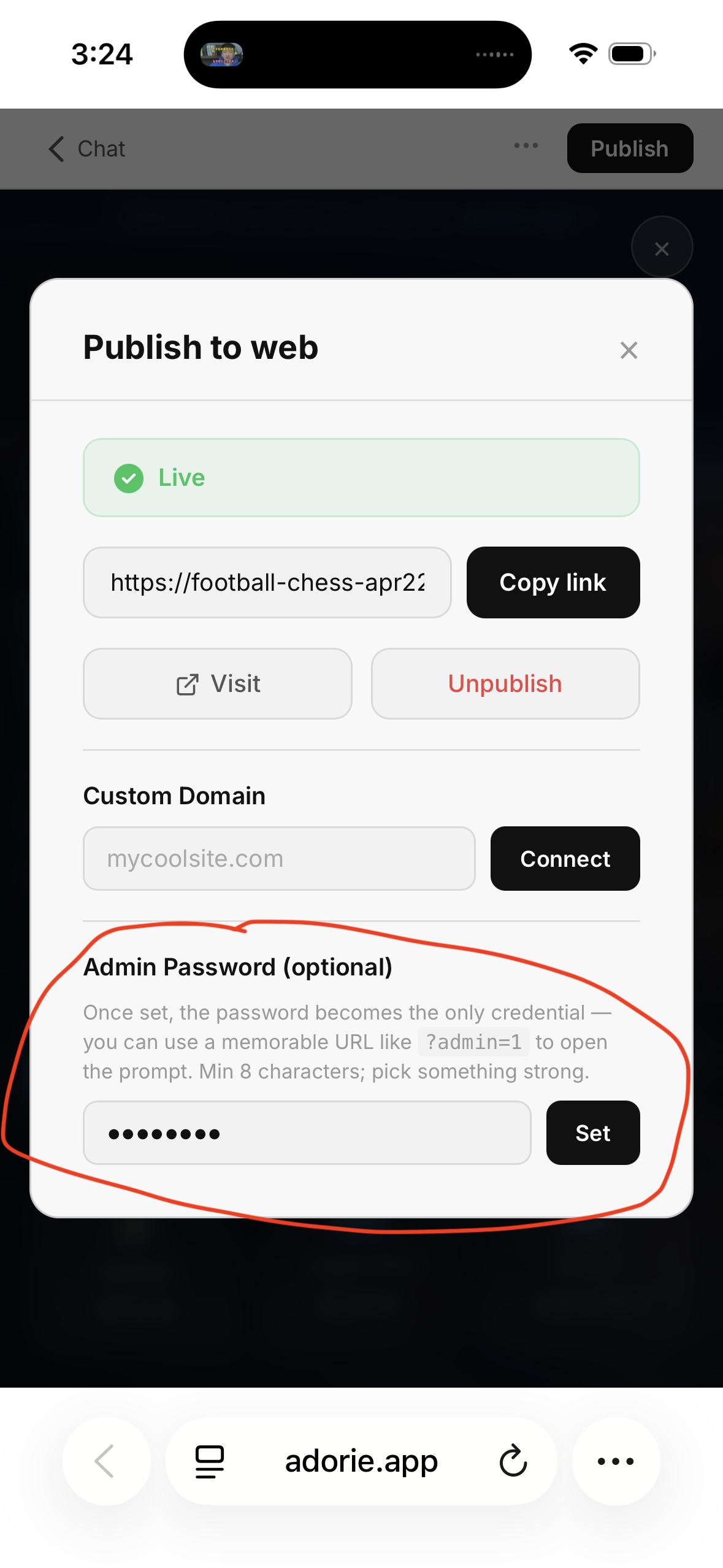 Publish modal — typing a password into the Admin Password section