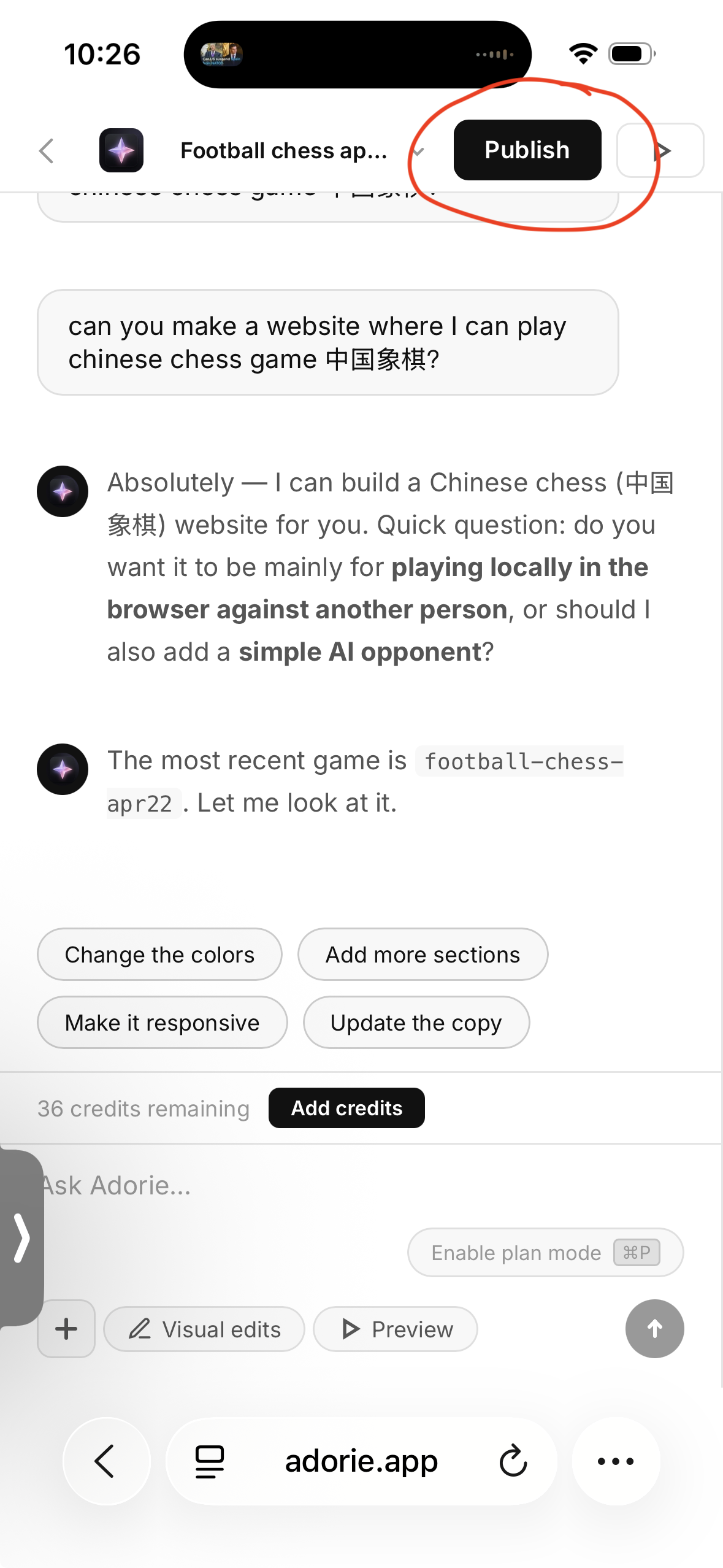 Adorie builder opened, with Publish button highlighted