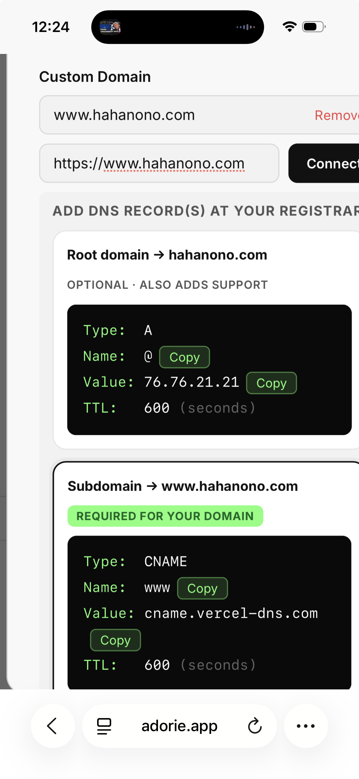 Two record cards (A + CNAME) with one marked REQUIRED for your domain