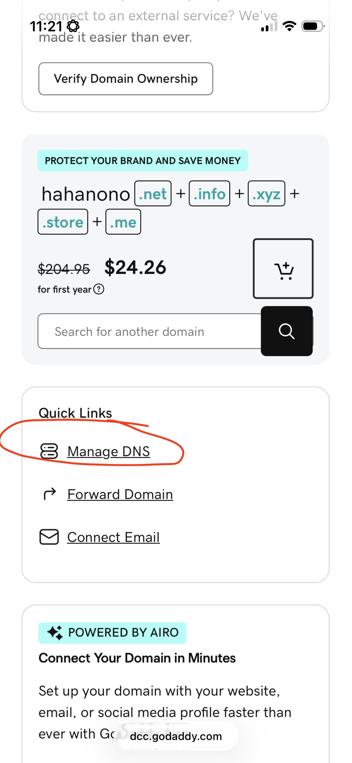 GoDaddy domain detail page with Manage DNS link