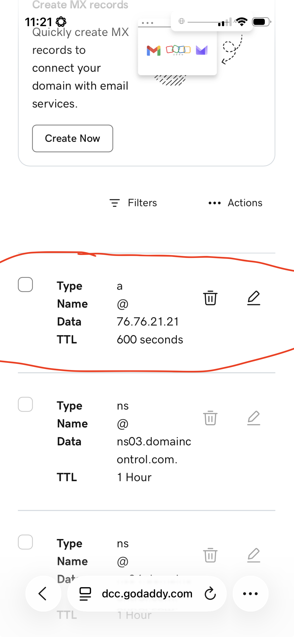 DNS records list with the A record at @ being edited