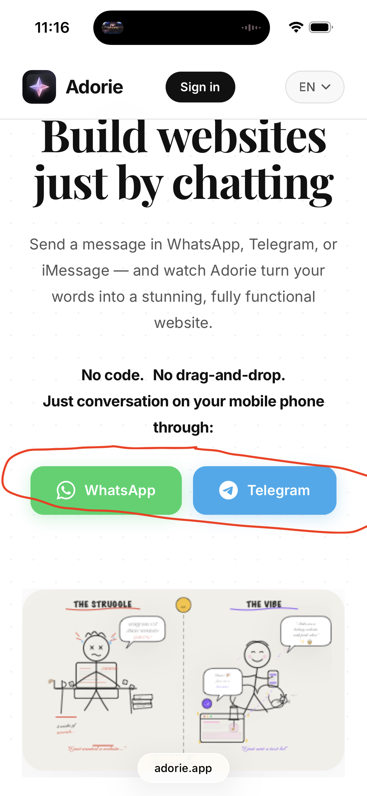 adorie.app landing page with WhatsApp + Telegram buttons highlighted