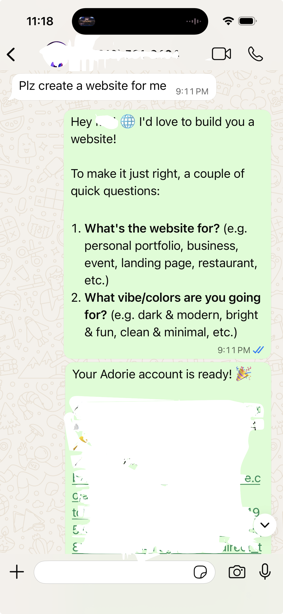 WhatsApp chat — first message and Adorie's reply with two clarifying questions