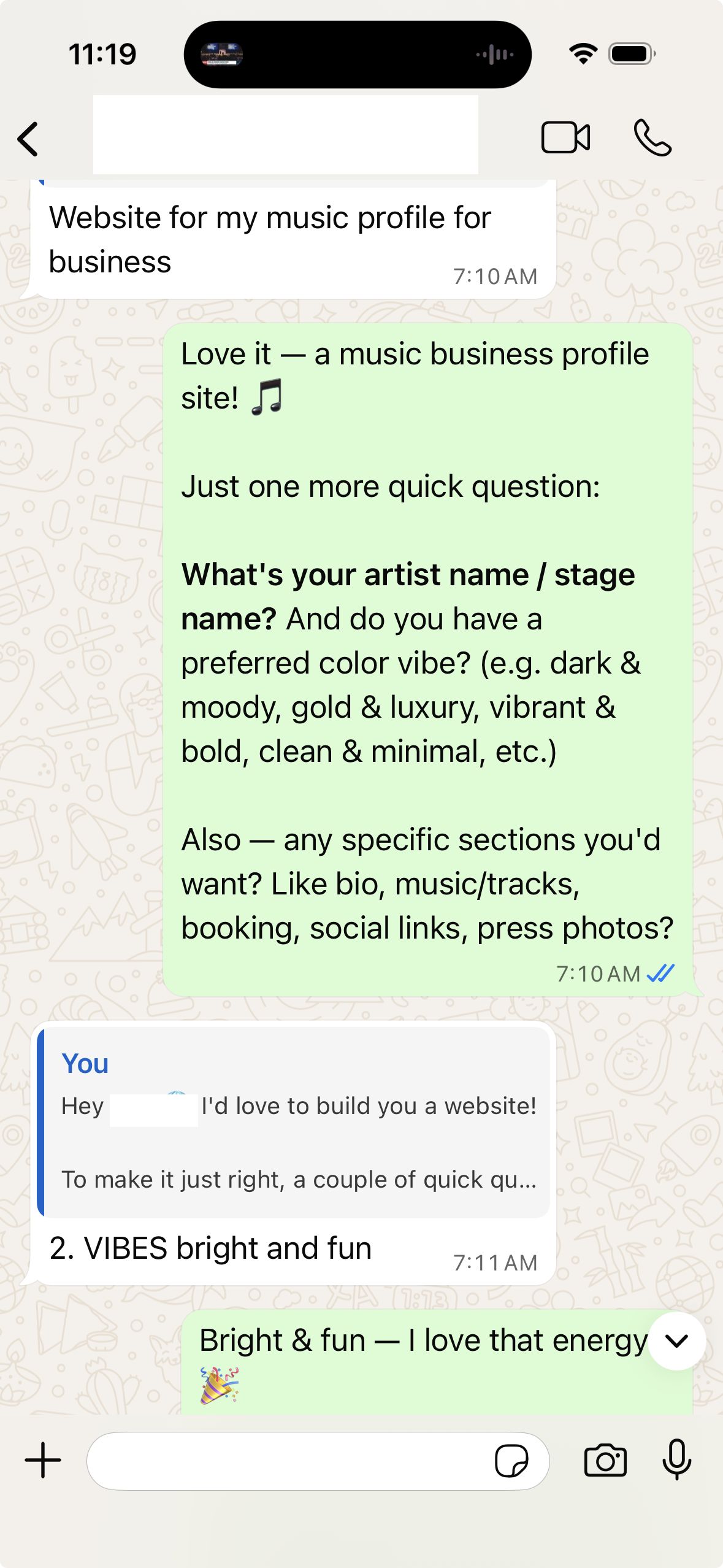Continued WhatsApp chat — answering Adorie's questions about purpose and vibe