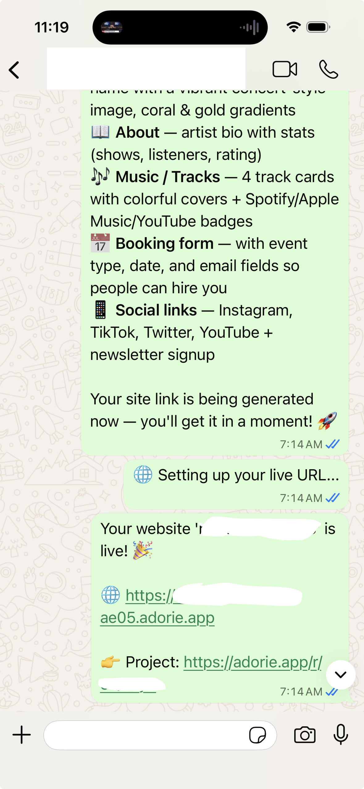 Adorie generates the site, sends a live URL and project link